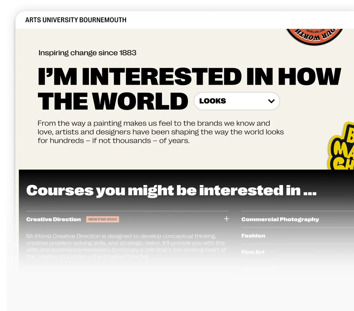 The Arts University Bournemouth website, headed “I’m interested in how the world looks”.