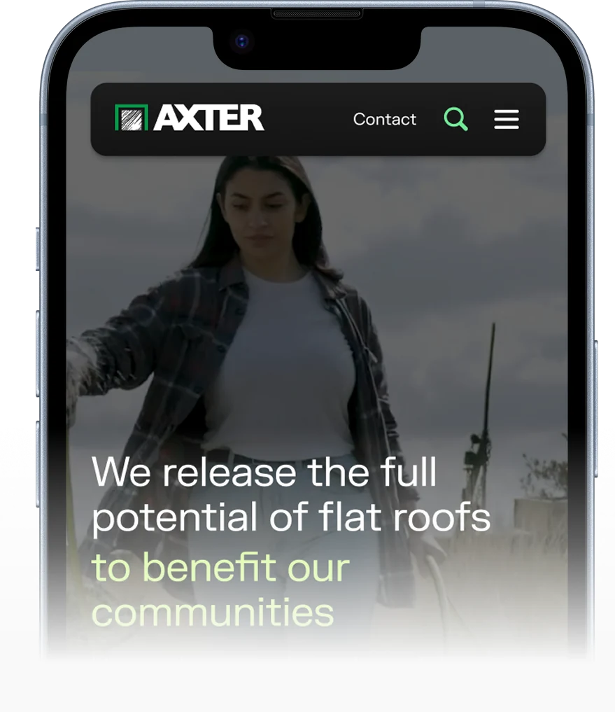 The Axter website shown on a phone, headed “We release the full potential of flat roofs to benefit our communities”.